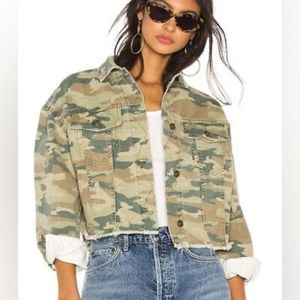 Free People Camo Cropped Jean Jacket in Green and Tan